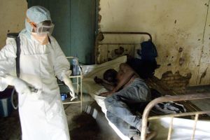 Red Cross agent disinfected a hospital room